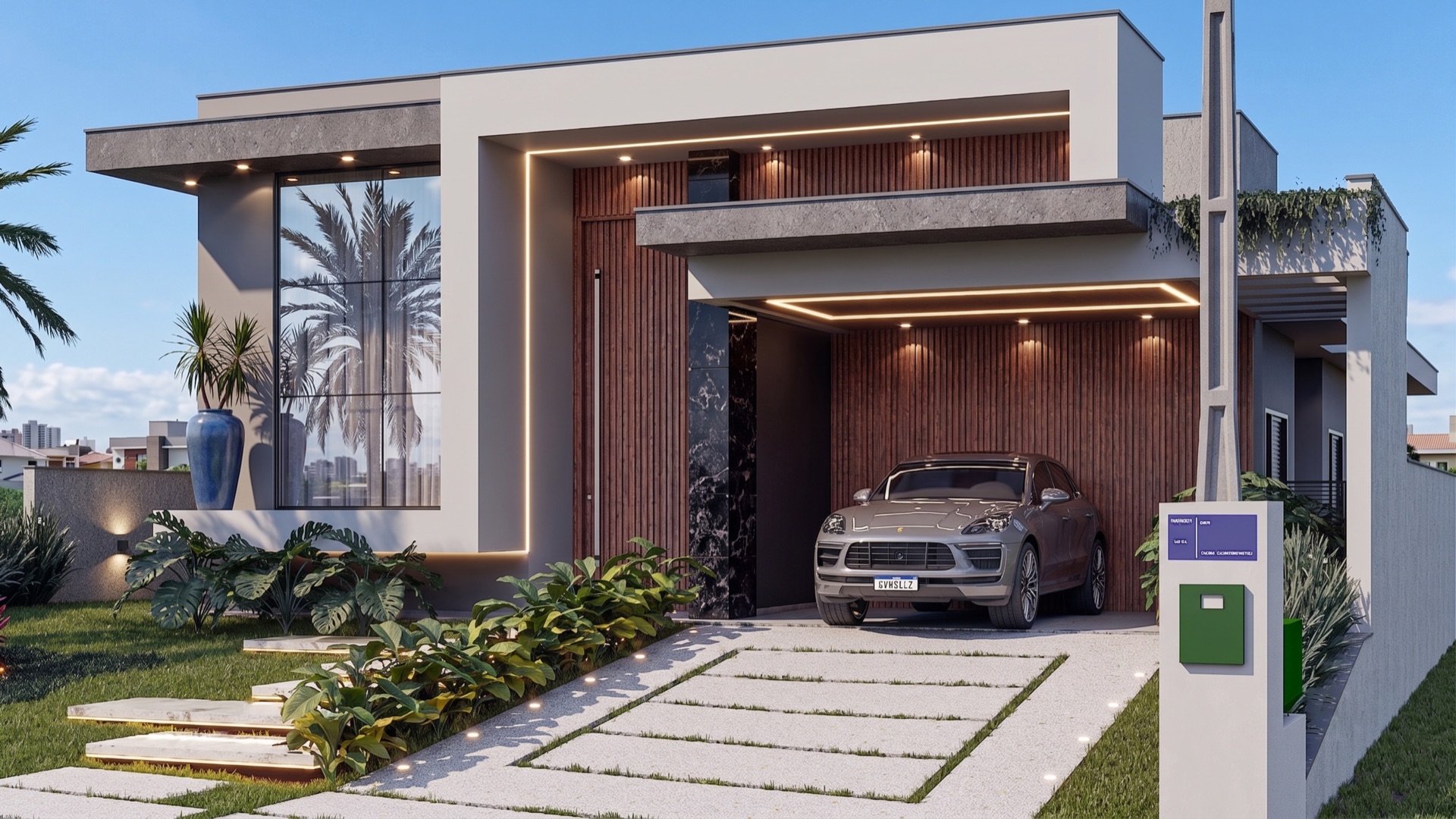 Fachada frontal diurna com volumes de concreto